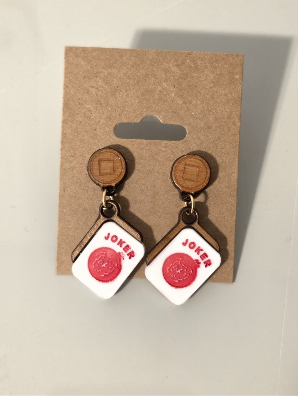 Women’s White & Red Joker Mahjong Tile Dangle Earrings
